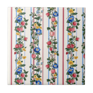 Vintage Vertical Strawberry Floral Stripe Pattern Tile