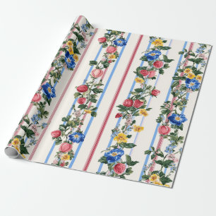 Vintage Vertical Strawberry Floral Stripe Pattern Wrapping Paper