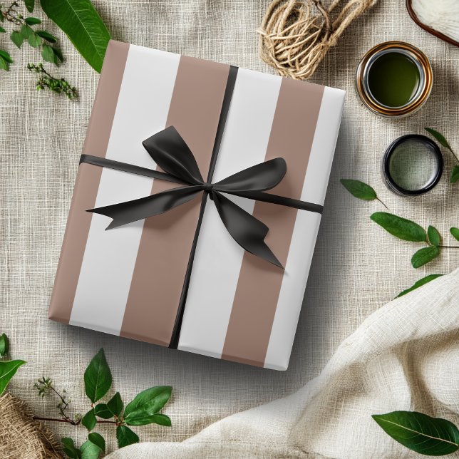 Vintage Vertical Stripes Mocha Mousse White Wrapping Paper (Creator Uploaded)