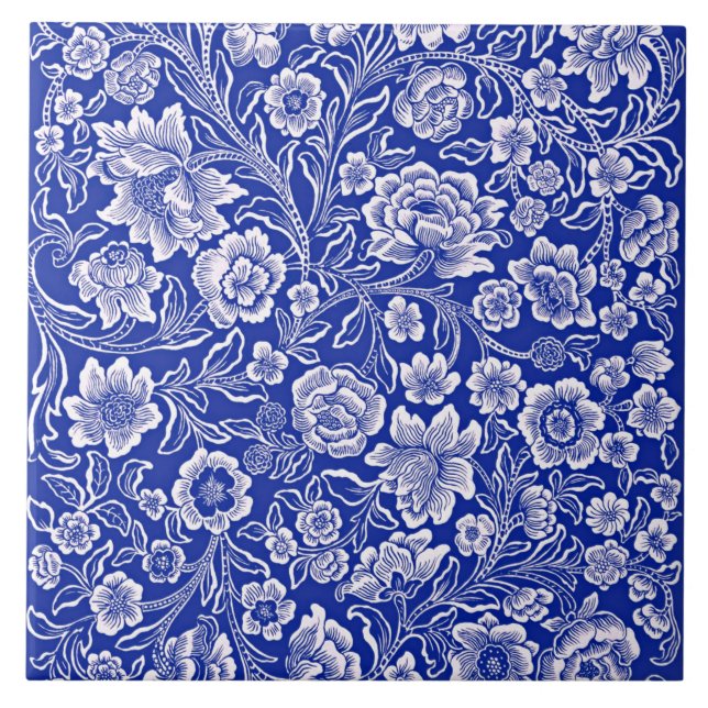 Vintage vibrant blue floral pattern tile (Front)