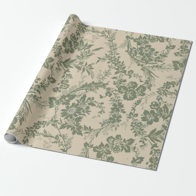 Vintage Vibrant Green Floral Pattern Wrapping Paper (Unrolled)