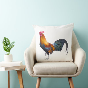 Vintage, vibrantly coloured rustic farm rooster throw pillow