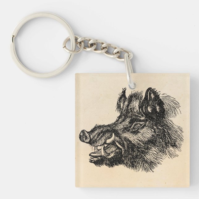 Vintage Vicious Wild Boar w Tusks Template Keychain (Front)