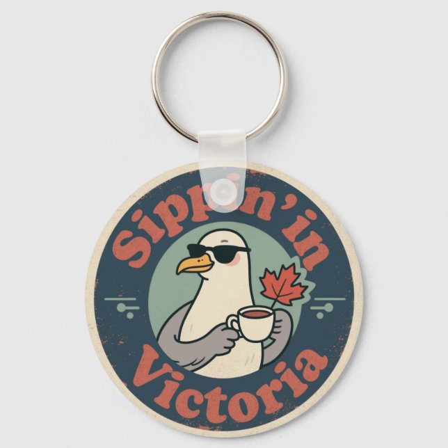 Vintage Victoria BC Coffee & Seagull Keychain (Front)