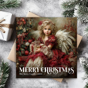 Vintage Victorian Angel Deep Red Green Christmas  Holiday Card