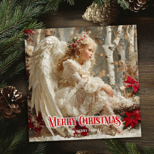 Vintage Victorian angel red poinsettias holiday  Card