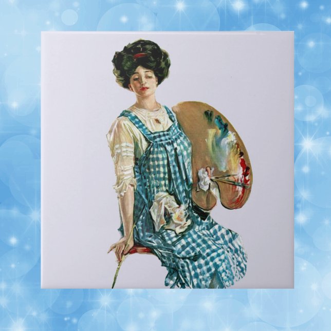 Vintage Victorian Artist Lady Painter Palette Tile (Victorian lady artist in plaid smock with paint pallette on pale blue decorative ceramic tile.)