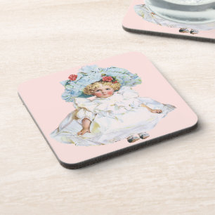 Vintage Victorian Baby Girl Doll, Easter Dress Hat Coaster