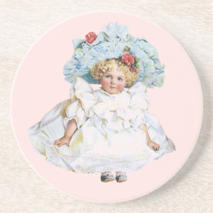 Vintage Victorian Baby Girl Doll, Easter Dress Hat Coaster