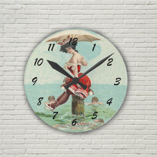Vintage Victorian Bathing Beauty Lady Ocean Round Clock