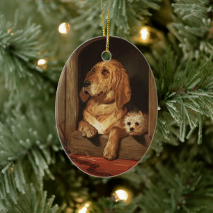 Vintage Victorian Bloodhound and Westie Dog Art Ceramic Ornament