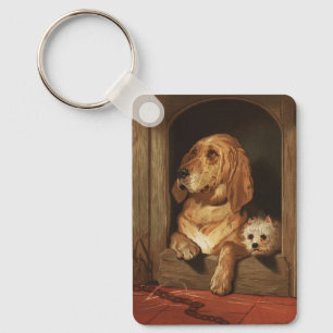 Vintage Victorian Bloodhound and Westie Dog Art Keychain