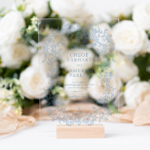 Vintage Victorian Blue Baroque Line Art Wedding Acrylic Invitations