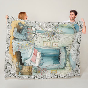 Vintage Victorian Canopy Bed on a Lace Background Fleece Blanket