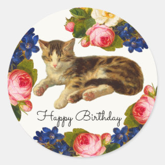 Vintage Victorian Cat Nap Floral Happy Birthday Classic Round Sticker