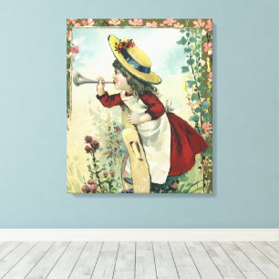 Vintage Victorian Child, Girl Blowing Bugle Meadow Canvas Print