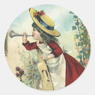Vintage Victorian Child, Girl Blowing Bugle Meadow Classic Round Sticker