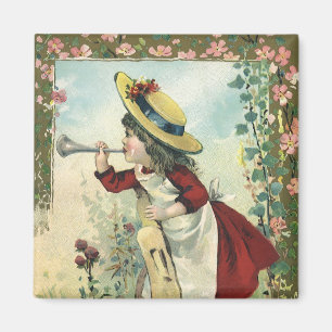 Vintage Victorian Child, Girl Blowing Bugle Meadow Magnet