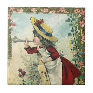 Vintage Victorian Child, Girl Blowing Bugle Meadow Tile
