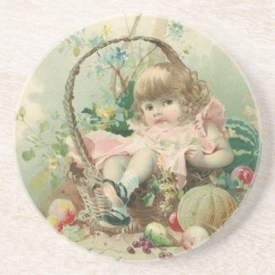 Vintage Victorian Child, Girl Spring Fruit Basket Coaster