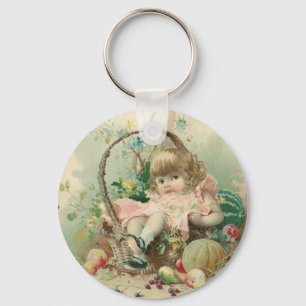 Vintage Victorian Child, Girl Spring Fruit Basket Keychain