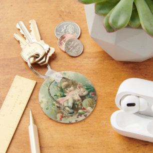 Vintage Victorian Child, Girl Spring Fruit Basket Keychain