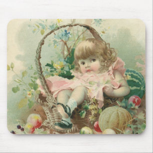 Vintage Victorian Child, Girl Spring Fruit Basket Mouse Pad