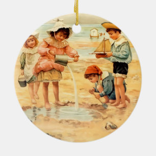 Vintage Victorian Children At The Beach Fine Art Ceramic Ornament