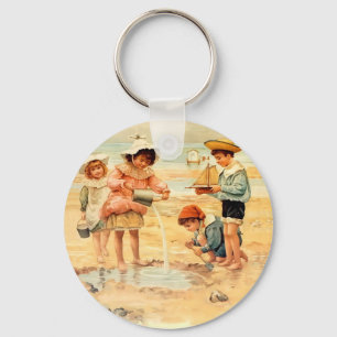 Vintage Victorian Children At The Beach Fine Art Keychain
