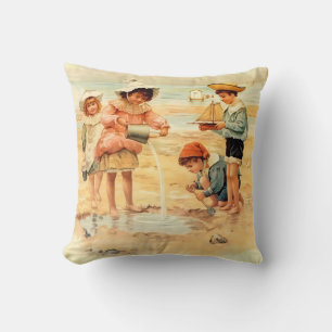 Vintage Victorian Children At The Beach Fine Art Throw Pillow