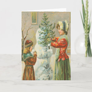Vintage Victorian Children Build Snowman Christmas Holiday Card