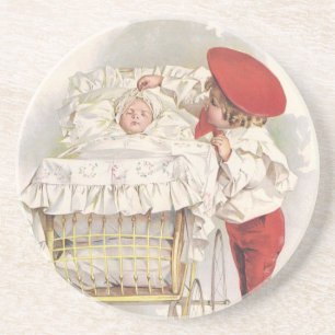 Vintage Victorian Children, Child and Baby in Pram Coaster