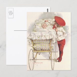 Vintage Victorian Children, Child and Baby in Pram Postcard