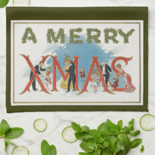 Vintage Victorian Christmas, A Merry Xmas Party Kitchen Towel