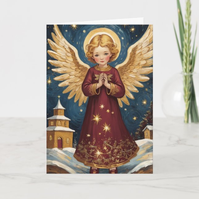 Vintage Victorian Christmas Angel Starry Night  Card (Front)