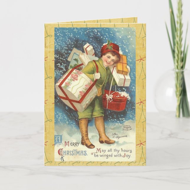 Vintage Victorian Christmas Boy Greeting Card (Front)