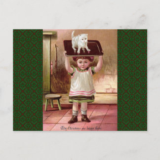 Vintage Victorian Christmas Cat on Tea Tray 1880s Holiday Postcard
