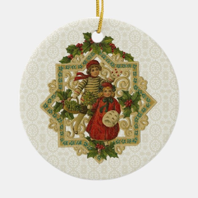 Vintage Victorian Christmas Children Ceramic Ornament (Front)