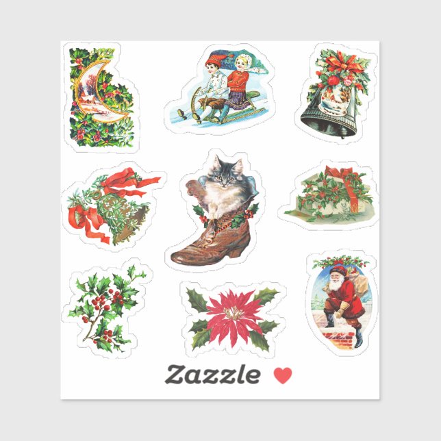 Vintage Victorian Christmas Holly,Bells,Santa,Cat (Sheet)