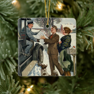 Vintage Victorian Christmas Mailman Delivery Ceramic Ornament