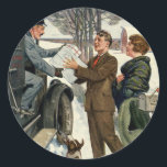 Vintage Victorian Christmas Mailman Delivery Classic Round Sticker<br><div class="desc">Vintage illustration Victorian Christmas holiday image featuring a mailman delivering Christmas packages to a happy couple and their pet dog,  special delivery.</div>