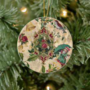 Vintage Victorian Christmas Rose Collage  Ceramic Ornament