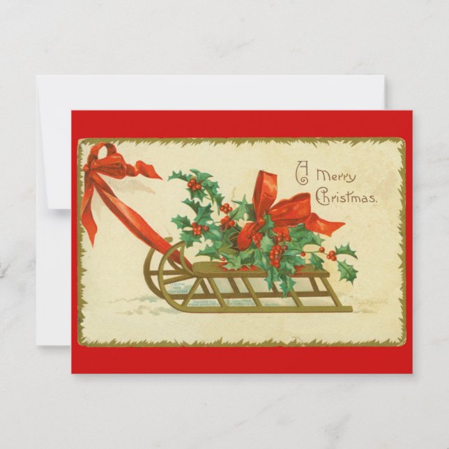 Vintage Victorian Christmas Sled Holly Invitation (Front)