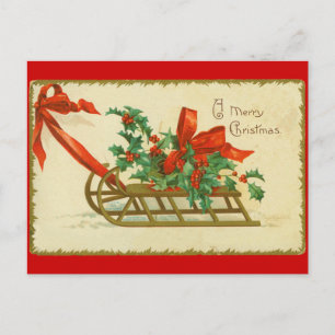 Vintage Victorian Christmas Sled n Holly Postcard