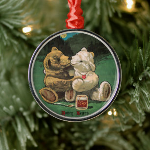 Vintage Victorian Cottagecore Honey Bears Metal Ornament