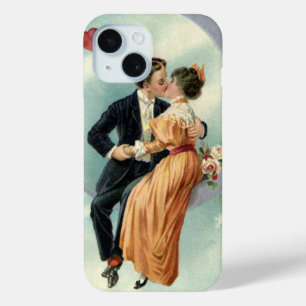 Vintage Victorian Couple Kiss on a Crescent Moon iPhone 15 Case