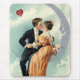 Vintage Victorian Couple Kiss on a Crescent Moon Mouse Pad