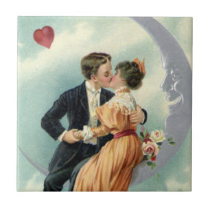 Vintage Victorian Couple Kiss on a Crescent Moon Tile