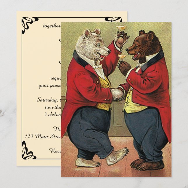 Vintage Victorian Dancing Bears Wedding Invitation (Front/Back)