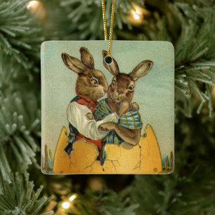 Vintage Victorian Easter Bunnies in a Gold Egg Ceramic Ornament